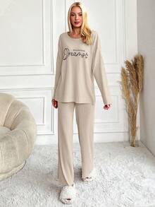 EURMUSE Women 2pcs/Set Casual Letter Print Loose Fit Top And Pants Homewear Suit For Autumn - Beige - View 3