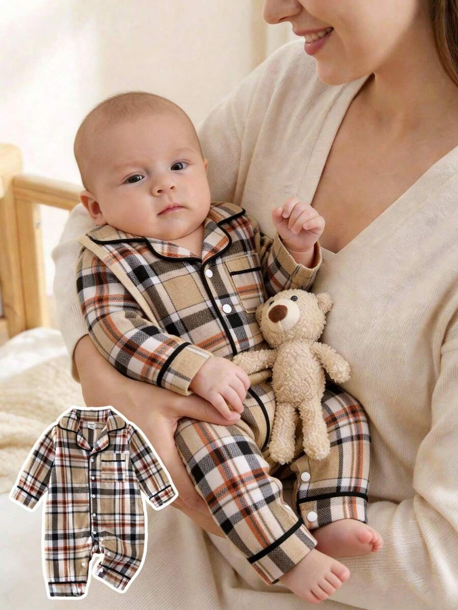SHEIN 婴儿英伦复古格子连体衣，衬衫领舒适爬行服，柔软可爱翻领按扣前襟外套，春秋季 - 卡其色 - 查看 1