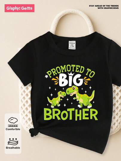 SHEIN GraphicGems 春夏休闲男童上衣，创意恐龙、星星、皇冠图案T恤，舒适基础款黑色短袖T恤，适合春、夏、秋季穿着。