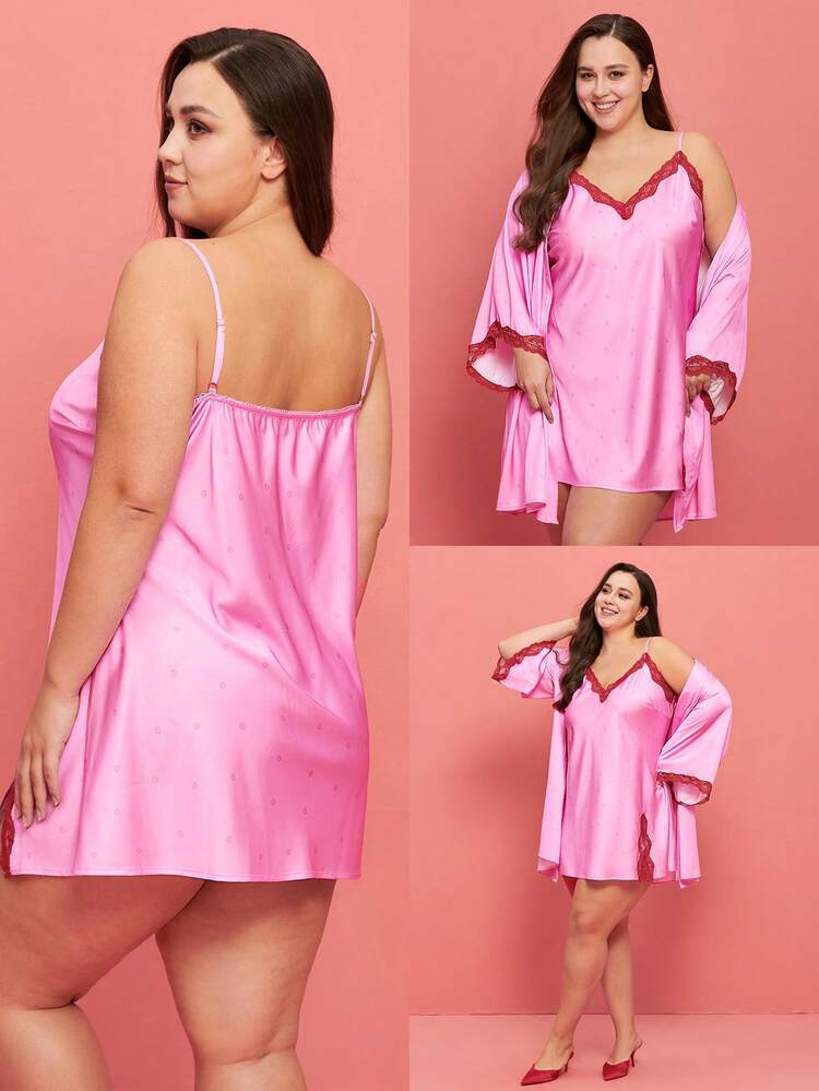 Sommer Große Größen Sexy Seidige Satin Luxuriöse Spitzenborte Rosa V-Ausschnitt Träger Camisole Loungewear Slip Kleid Luftiges Nachthemd Wäsche Valentinstag Geschenke Pyjama Hochzeitsartikel