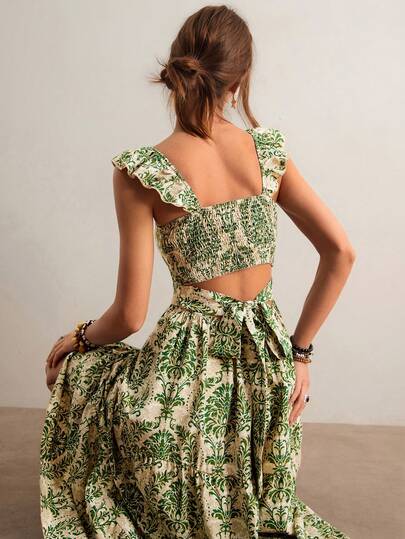 Freevana Vestido de tirantes con estampado floral vintage verde y blanco, falda fluida con recogido en la cintura, diseño de espalda abierta con lazo, estilo ligero de vacaciones hasta el tobillo, primavera/verano