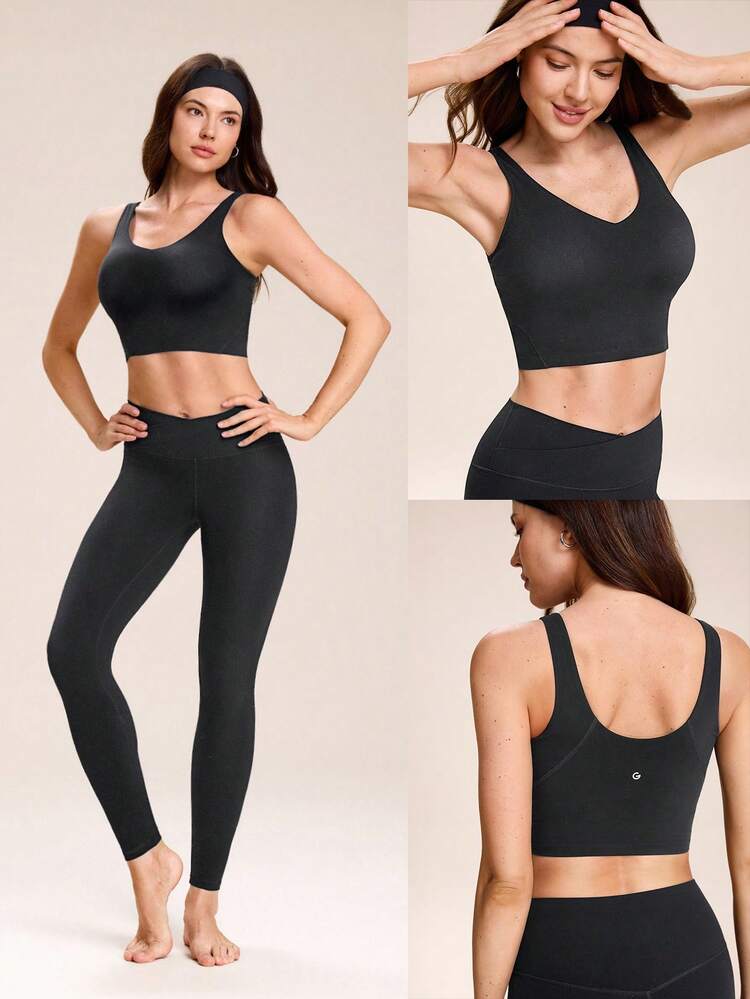 DD+ FeatherFit™ フォーカスグロー ストレッチ&シャイン バターのようなソフトな伸縮性 取り外し可能なカップ クロップドタンクトップ ヨガ・ピラティス スタジオ デイリーアクティブウェア