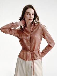Aveloria Modichic Elegant Commuter Slim Waist Belt Decor Cutout Lotus Flower Long Sleeve Blouse - Brown - View 5