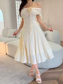 Feyla Vestido elegante de mujer con hombros descubiertos y flores 3D - Albaricoque - Ver 3