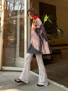 DAZY Women's Lace Patchwork Design Flared Leg Pants - White - View 1