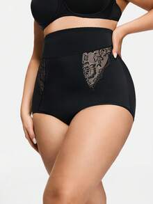 SHAPORA 1pc Plus Size Women Lace Patchwork Shaping Briefs - Black - View 5