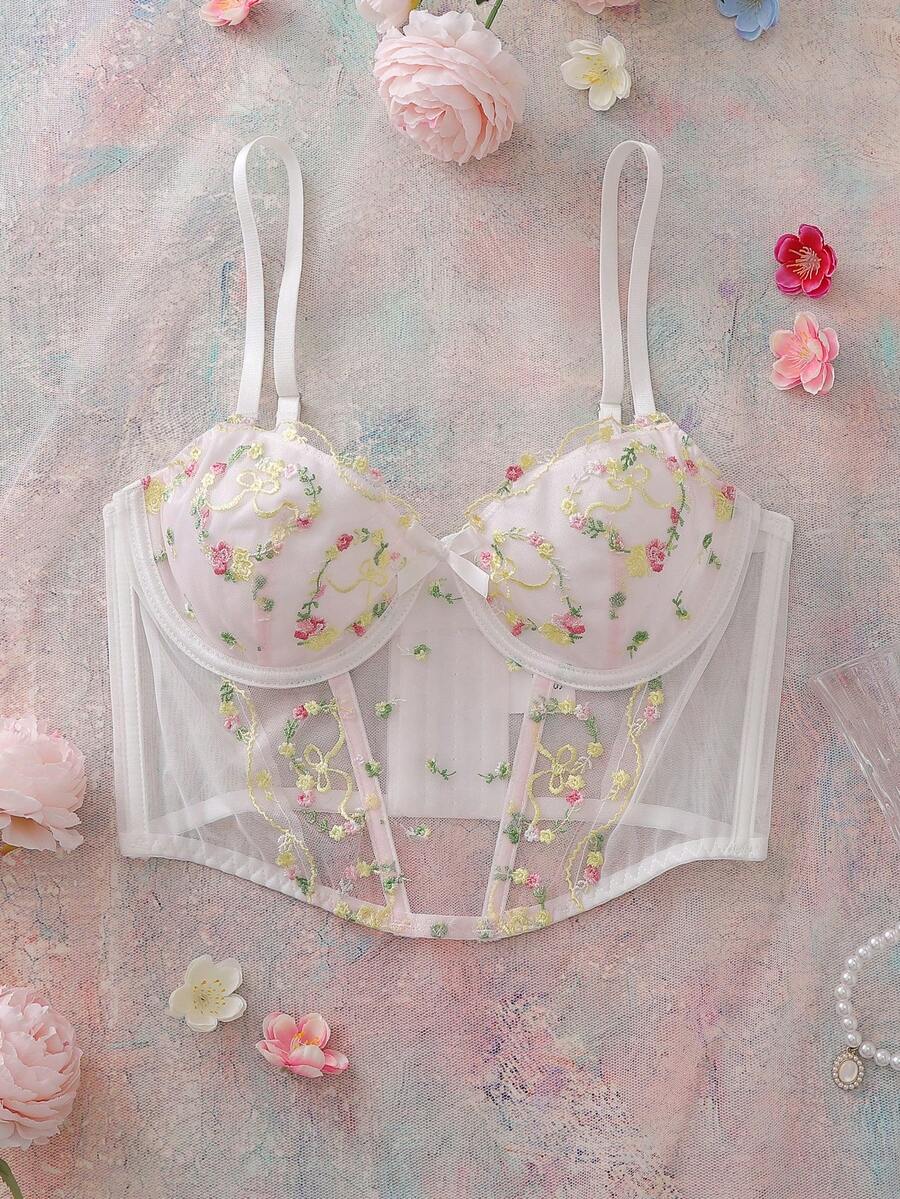 Women's Long Boned Shaping Embroidered Underwire Bra, Thin Cup, Fresh And Elegant Embroidered Camisole Bra - White - View 1