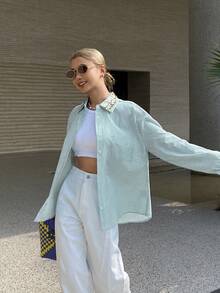 DAZY Women's Casual Sequin Patchwork Striped Pocket Shirt, Spring - Green - View 5