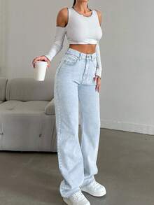 SHEIN Tall Snow Wash Straight Leg Jeans High Rise For Tall - Light Wash - View 4