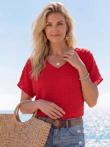 Sylviya 女士简约短袖日常衬衫，短袖上衣，休闲款 - 紅色 - 查看 4