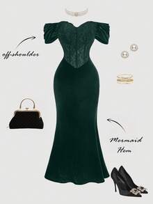 SHEIN MOD Đầm nữ thanh lịch trễ vai, đuôi cá, phối ren tương phản. - Màu xanh lá cây đậm - Xem 3