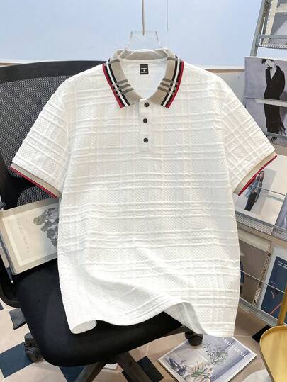 Manfinity Joysei Men's Knitted Jacquard Solid Color Textured Ribbed Collar 3-Button Polo Shirt