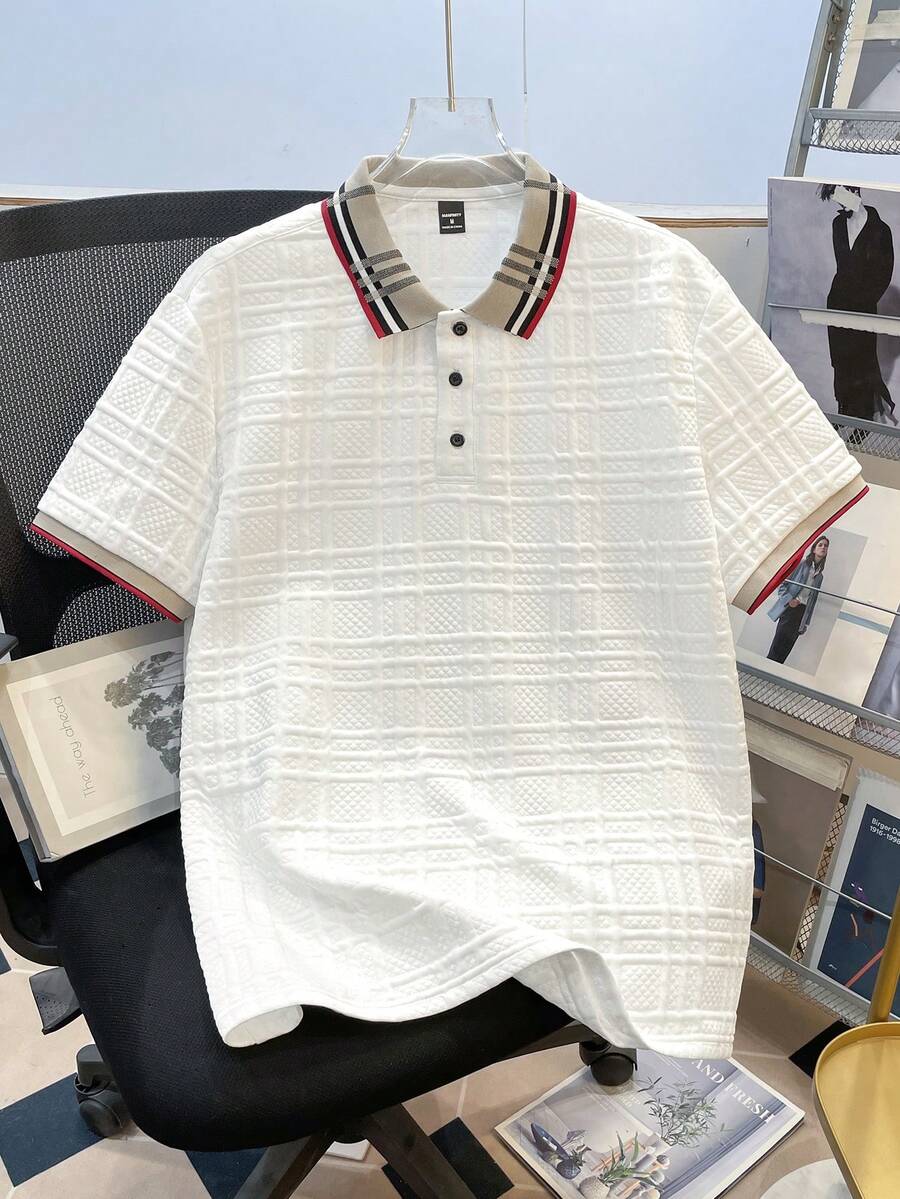 Manfinity Joysei 男士針織提花素色紋理羅紋領三鈕扣 Polo 衫,正式款 - 白色 - 查看 1
