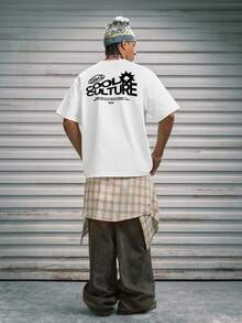 Modcrash 男士休闲时尚街头印花落肩宽松透气短袖T恤，夏季 - 白色 - 查看 9