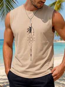 VIVINTIMO 男士休闲太阳印花无袖背心，夏季 - 卡其色 - 查看 4