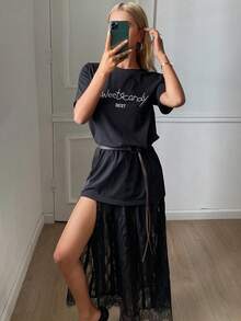 DAZY 女士字母印花短袖T恤和蕾丝裙休闲两件套 - 黑色 - 查看 6