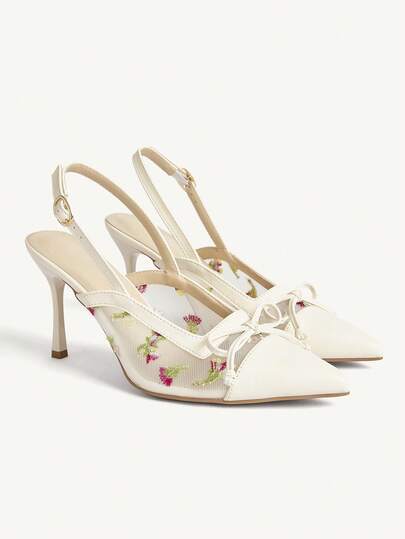 CUCCOO CHICEST أحذية كعب عالي بكعب رفيع بتصميم سلينغباك بسيط، بطراز حفلات وسهرات، مصنوعة من خيوط شبكية مطرزة وجلد اصطناعي (بي يو)