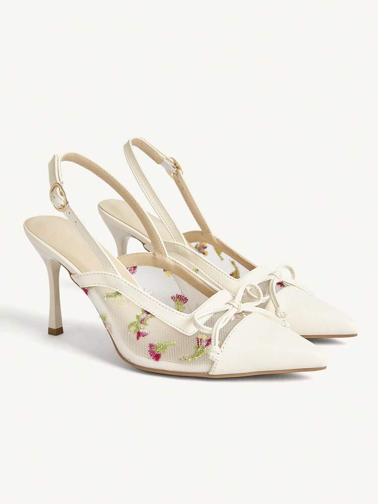 CUCCOO CHICEST Women's Fashion Pointed Classic PU Embroidered Mesh Yarn With Sexy Evening Wear Party Style Simple Slingback Stiletto High Heels Shoes