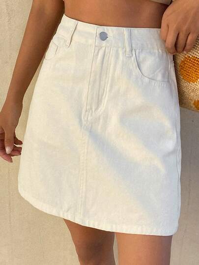 DAZY Women's Casual Solid Color Washed Pocket White Straight Denim Skirt, Spring/Summer