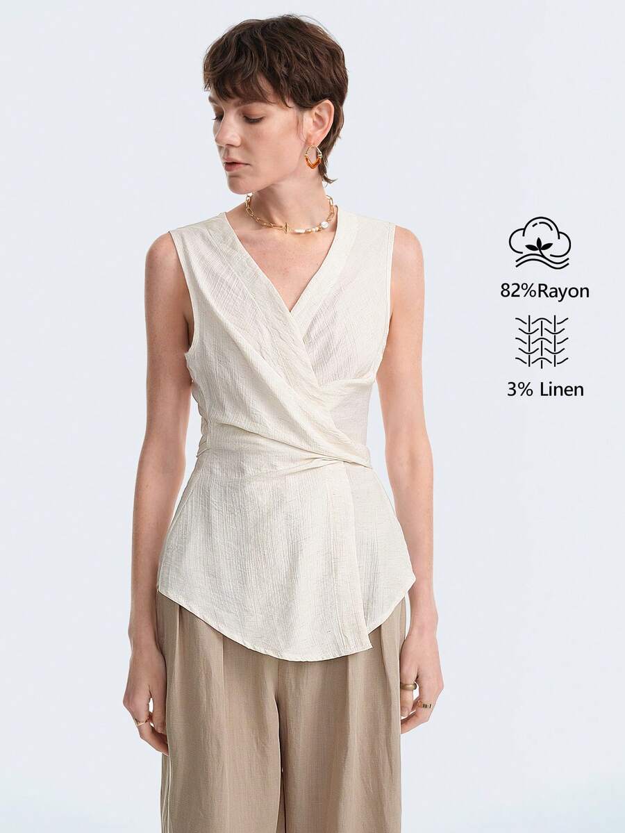Aalyst Women's Summer Casual Solid Color Wrap Sleeveless Shirt - Apricot - View 1