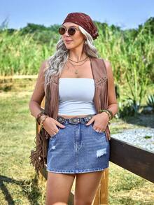 Breezaya 女士高腰带口袋破洞修身牛仔裙 - 中等水洗藍 - 查看 6