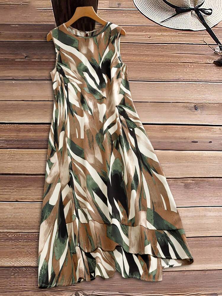 Plus Size Sleeveless Allover Print Casual Vacation Dress Summer Dress  Summer Outfits Summer Clothes Spring Dress Spring Outfit Women Spring Clothing Country Style For Women Country Dress For Women Vacation Outfits Women