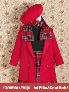 小女童格子呢圖案連衣裙和外套和圍巾 - 彩色 - 查看 1