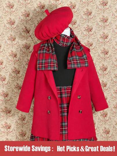 小女童格子呢圖案連衣裙和外套和圍巾