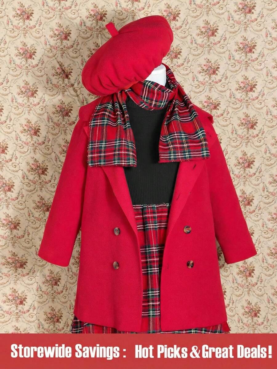 小女童格子呢圖案連衣裙和外套和圍巾 - 彩色 - 查看 1