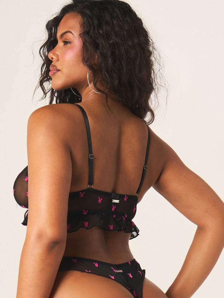 Missguided x Playboy Mesh Bralette And Thong Lingerie Set With Bunny Print Pattern Underwear Collection For Women
