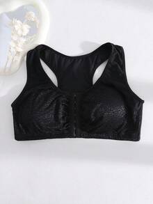 1 pièce Soutien-gorge sans armature à dos nageur, couleur unie, avec fermeture devant, rembourrage amovible et couverture complète, doux et respirant, pour femmes de grande taille NudeFit - Noir - Voir 8