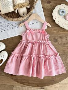 SHEIN 女婴夏季连衣裙，粉色公主蝴蝶结吊带裙，甜美活泼，适合春夏季外出穿着 - 粉色 - 查看 7