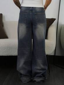 SAYEHFBABY 休闲水洗百搭百搭宽松阔腿蓝灰色低腰牛仔裤，夏季新款 - 中等水洗藍 - 查看 2