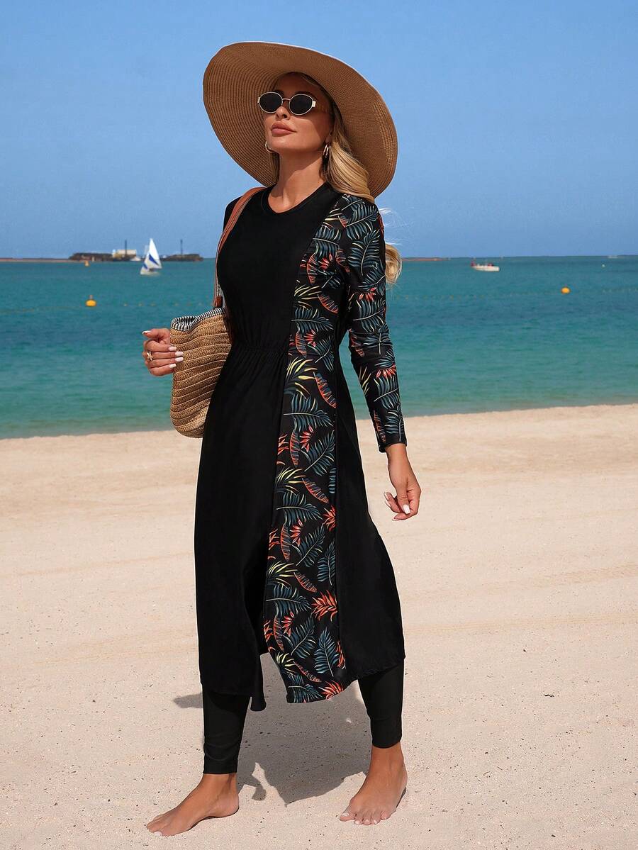 Swim Mulvari Bộ 2 món burkini in họa tiết lá cọ cổ điển, đồ bơi đi biển thường ngày dành cho nữ. - Nhiều màu - Xem 1