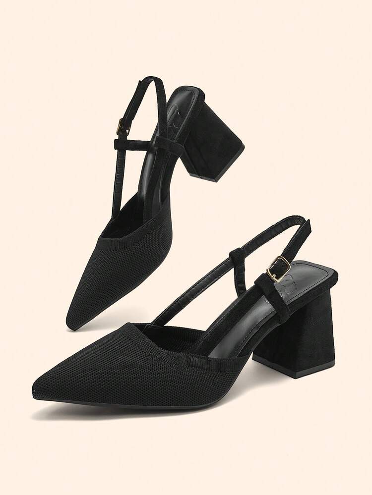 CUCCOO BASICS Women's Pointed Toe Thick Heel Black Knit Backstrap Buckle Comfortable Breathable Daily Versatile Commute Outdoor Essential High Heel Mules Spring Shoes