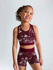 Conjunto infantil feminino com top sem mangas e shorts com estampa tie-dye/estrelas, ideal para férias, esportes, atividades ao ar livre e todas as estações. - Borgonha - Ver 5