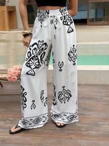 DAZY Women's Casual Floral Print Elastic Waist Wide Leg Pants, Spring - Beige - View 1