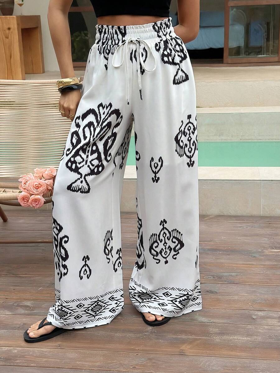 DAZY Women's Casual Floral Print Elastic Waist Wide Leg Pants, Spring - Beige - View 1