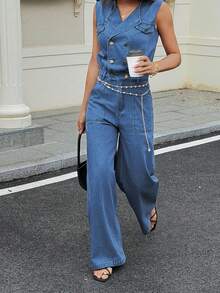 DAZY 女士休闲水洗无袖口袋牛仔连体裤，春夏款 - 中等水洗藍 - 查看 1