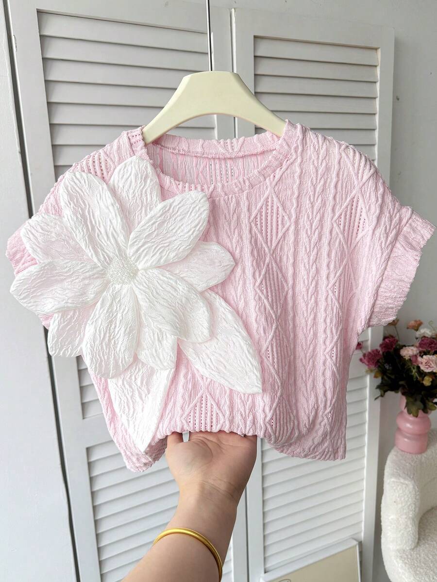 SHEIN Tween Girls' Casual Elegant Rhinestone Handmade 3D Floral Decor Round Neck Raglan Sleeve Textured Loose Knit T-Shirt,Kids - Baby Pink - View 1