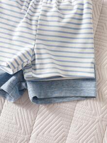 SHEIN Bộ quần áo mùa hè 4 món cho bé sơ sinh, áo liền quần tay ngắn và quần short kẻ sọc bằng chất liệu cotton pha mềm mại, thoải mái và thoáng khí, thích hợp cho các buổi tụ họp, tiệc tùng, dã ngoại. - Màu xanh lam - Xem 9