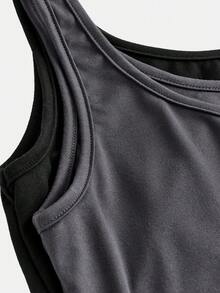 SHEIN Girlism Kids 2pcs Teen Girls' Black & Gray Casual Crew Neck Ruched Waist Fitted Camisole Tank Top Set, Suitable For Daily Casual, Versatile, Home Wear Sleeveless Top Set 3 Pack Tops Tight Tops Fitted Tops Tank Top With Built In Bra - Dark Grey - View 6