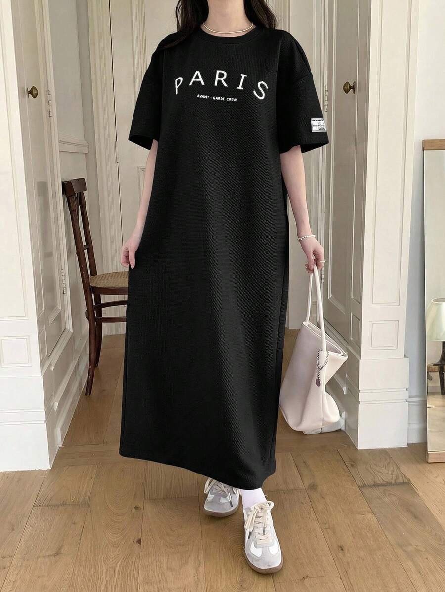 SHEIN Teen Girls Black Summer Matching Oversized Graphic Tshirt Dress,Grey Knitted Round Neck Loose Letter Print Street Family Vacation Short Sleeve Dress - Black - View 1
