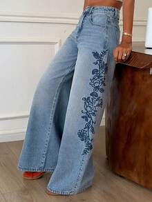 DAZY Quần jeans nữ ống đứng dáng rộng, cạp thường, thêu họa tiết bên hông, kiểu dáng thường ngày. - Rửa nhẹ - Xem 1