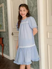 DAZY Tween Girl French Chic Plaid Summer New Fashion Dress - Blue - View 7