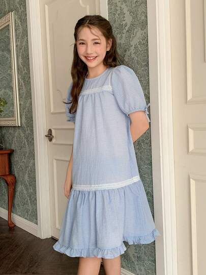 DAZY Tween Girl French Chic Plaid Summer New Fashion Dress