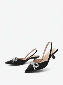 Eladyva Sapatos de salto alto femininos plus size para outono/inverno, com laço decorativo, bico fechado, elegantes, estilo mule, para festas. - Preto - Ver 6