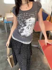 DAZY 女士圆领印花街头风短袖T恤 - 灰色 - 查看 7