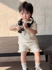 DAZY Set Kaos dan Celana Pendek Kasual Lengan Pendek Gaya Korea Kerah Bulat untuk Bayi Laki-laki, Cocok untuk Musim Panas dan untuk Balita. - Krem - View 5