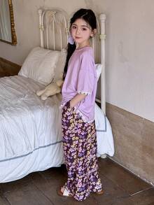 Dazy Kids Tween Girl Spring/Summer/Autumn Contrast Lace Loose Shoulder Top And Wide Leg Pants Pajama Set - Purple - View 2